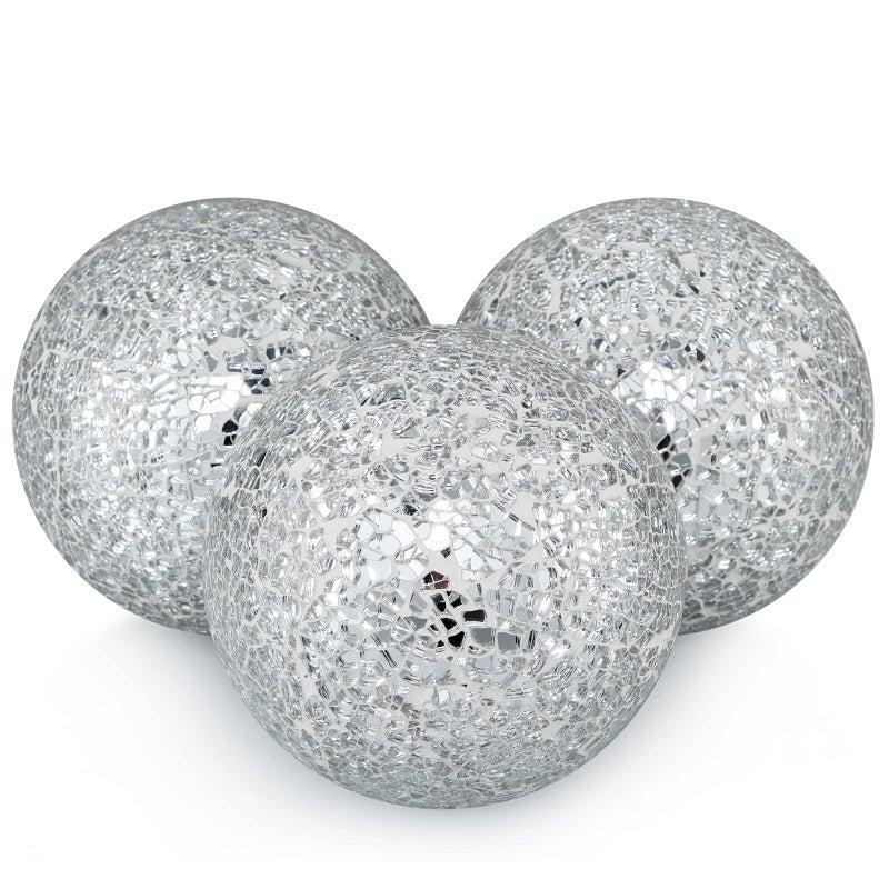 MDLUU 4" Decorative Orbs, Mosaic Sphere Balls, Centerpiece Balls for Bowls, Vases, Dining Table Decor, Pack of 3 (Silver) - Image 1